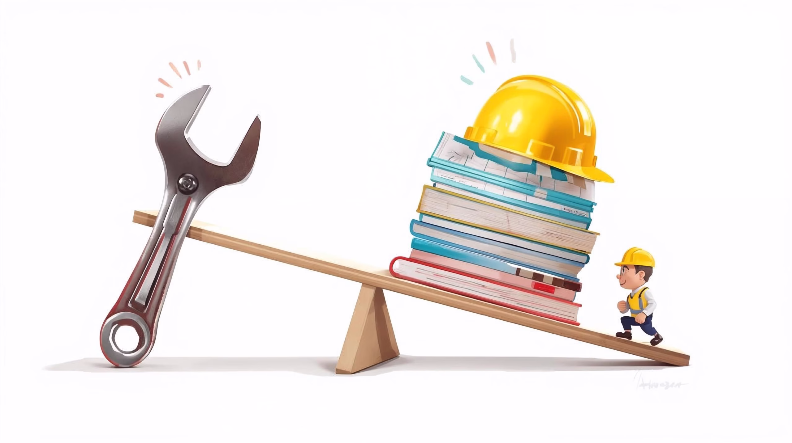 A whimsical digital painting showing a precarious financial graph or a stack of accounting ledgers, humorously being "supported" by oversized, brightly colored construction tools like a comically large wrench, a tiny hard hat, and a flimsy wooden beam. A sense of imbalance and impending absurdity is present. The colors are clean and corporate with playful accents.