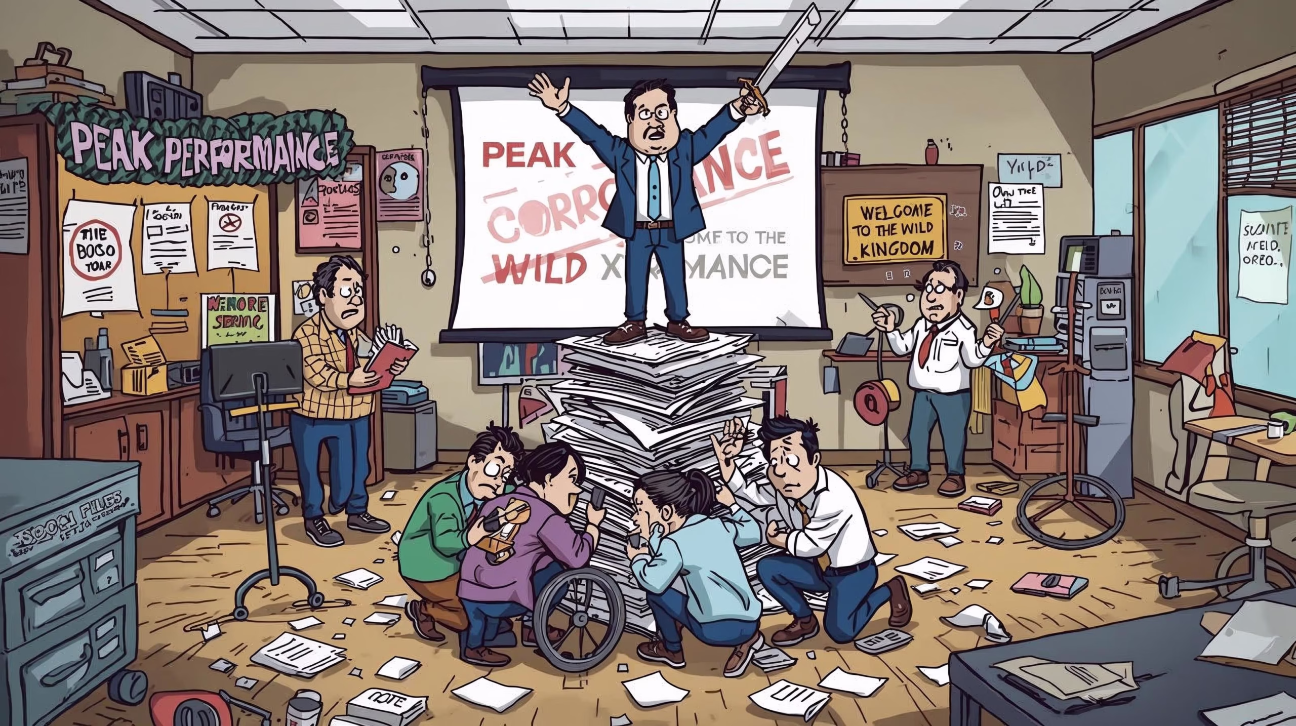 A chaotic office scene. A man in a suit stands on a tall, unstable stack of papers, holding a sword. In front of him, several startled employees huddle around a broken office chair. The room is messy, with papers scattered everywhere. A projection screen behind the man shows a slide with the words "PEAK PERFORMANCE." A whiteboard in the background says "WELCOME TO THE WILD KINGDOM."