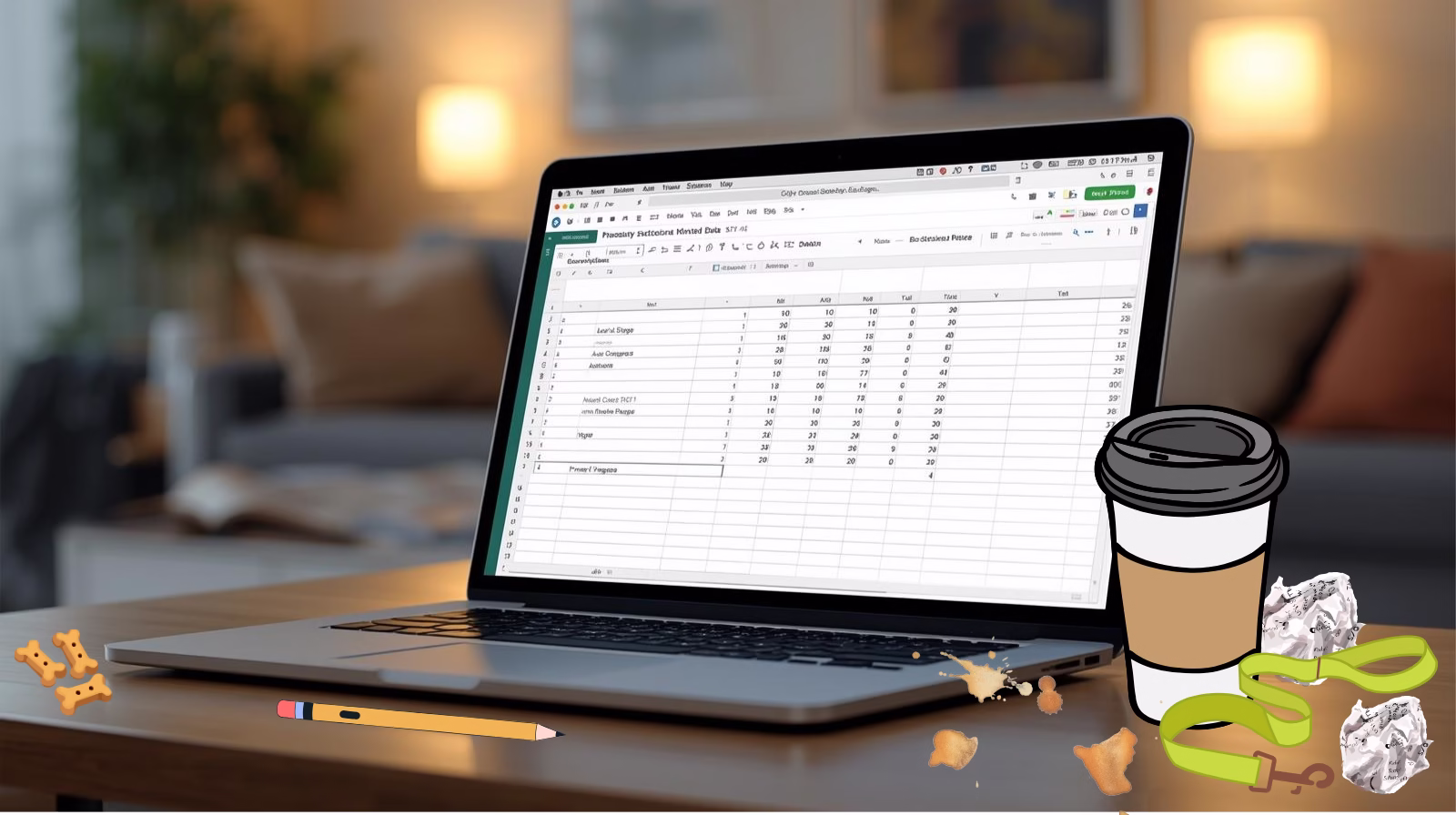 A low-angle, eye-level shot shows an open laptop on a wooden table. The screen displays a spreadsheet with rows and columns of data, suggesting a work or study environment. Scattered around the laptop are various objects: a yellow pencil, a few dog bone-shaped treats, a green dog leash, two crumpled pieces of paper, and a takeout coffee cup with a lid, which has spilled a small amount of liquid. The background is a slightly blurred living room with a couch, a lamp, and a window, illuminated by a warm, soft light.