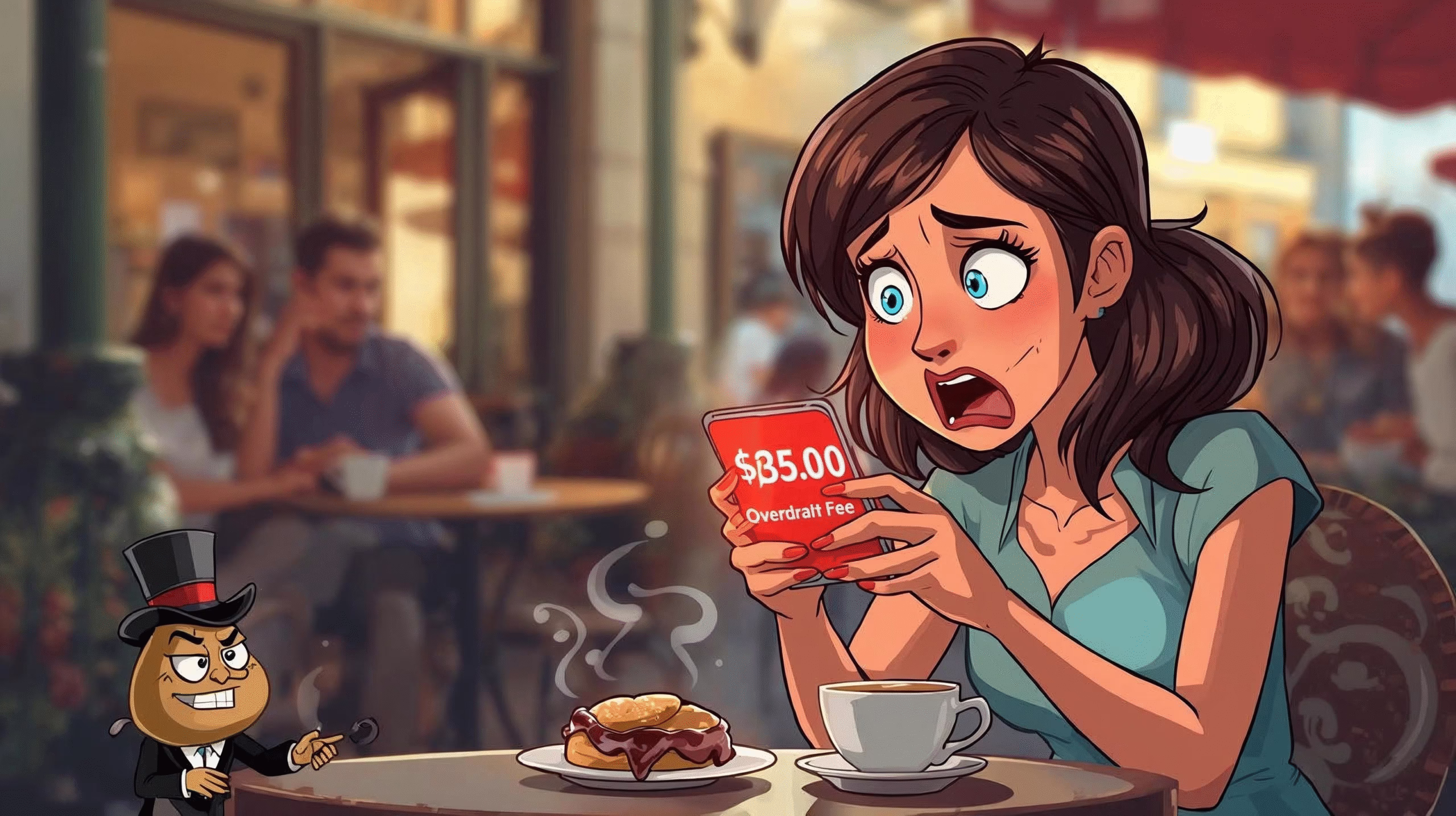 A young woman is sitting at an outdoor cafe, looking shocked and dismayed at her phone. The phone screen is glowing with a large red message that says '-$35.00 Overdraft Fee'. She is sitting at a small table with a cup of coffee and a scone. The background shows other people enjoying their time at the cafe. The style is a cartoon image, high-quality photograph with a humorous or slightly exaggerated tone to emphasize her shock. There is a small, hand-drawn figure of a top-hatted moneybag character in the bottom-left corner, smirking mischievously