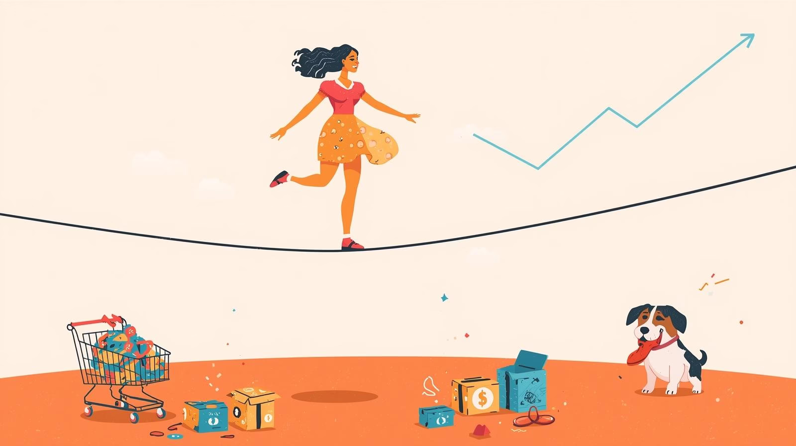 A vibrant, colorful image of a tightrope walker confidently balancing on a single, clean line that represents a financial graph. The world below her is chaotic, with funny illustrations of everyday expenses like shopping carts, takeout boxes, and a dog happily chewing on a shoe. The colors are bright and playful. The overall feeling is one of finding balance in a messy life.