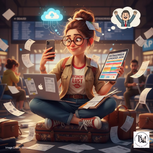 Cartoon image of a digital nomad sitting in an airport lounge, surrounded by messy paper receipts. She is simultaneously using a laptop and a tablet displaying an organized spreadsheet titled 'PATAGONIA EXPENSES 2024' and a cloud icon, symbolizing digital expense management.