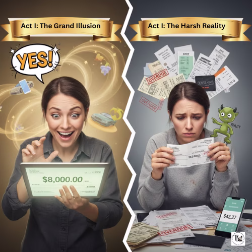 Act I Grand Illusion Humorous split image illustrating the difference between a perceived high paycheck and reality. The left side shows financial optimism with a large digital number, and the right side shows disappointment, a stack of bills, and a meager remaining bank balance.