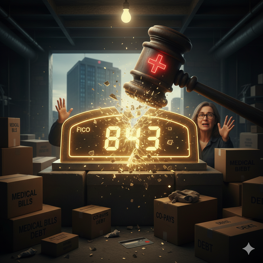 From Financial God to Social Outcast The 843 Collapse A glowing neon FICO score of 843 being shattered by a giant wooden medical gavel with a red cross. A shocked woman in glasses watches from behind a desk surrounded by boxes labeled 'Medical Bills' and 'Co-pays' in a dark, basement-like setting.