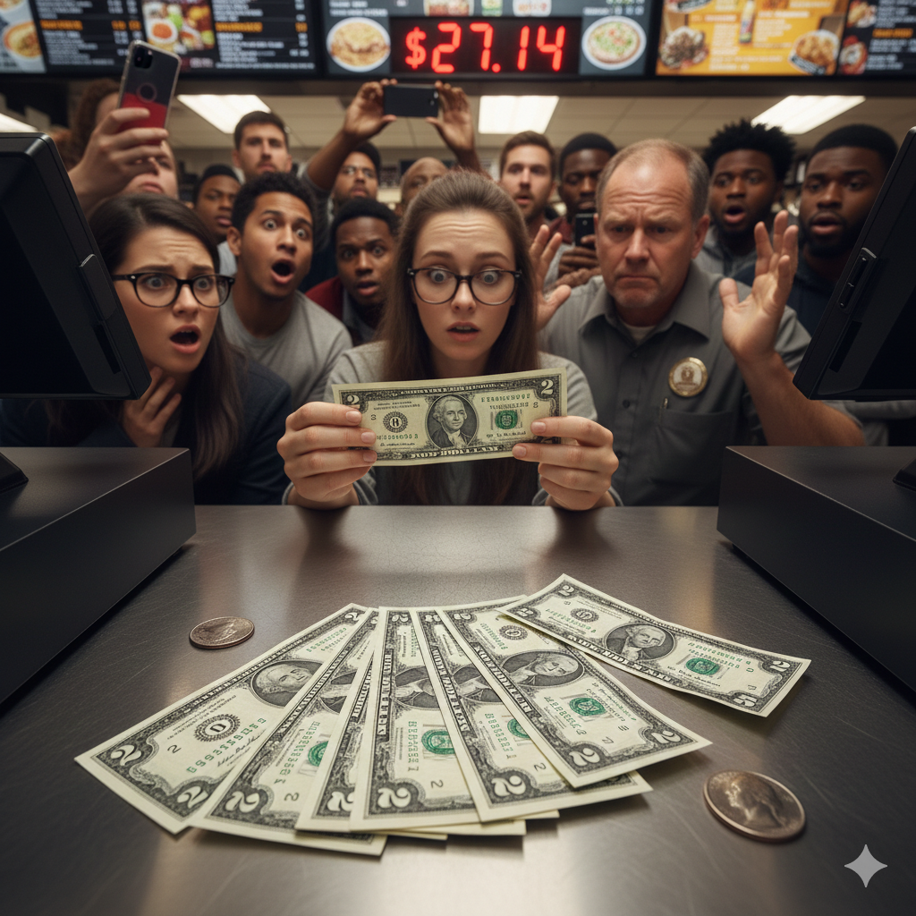 The $27.14 Lunch How My Travel Stash Broke a Fast Food Brain Trust A confused fast-food cashier and supervisor holding a two-dollar bill at a counter with a stack of $2 bills and a quarter, with a digital menu board showing a total of $27.14 and a crowd of curious onlookers.