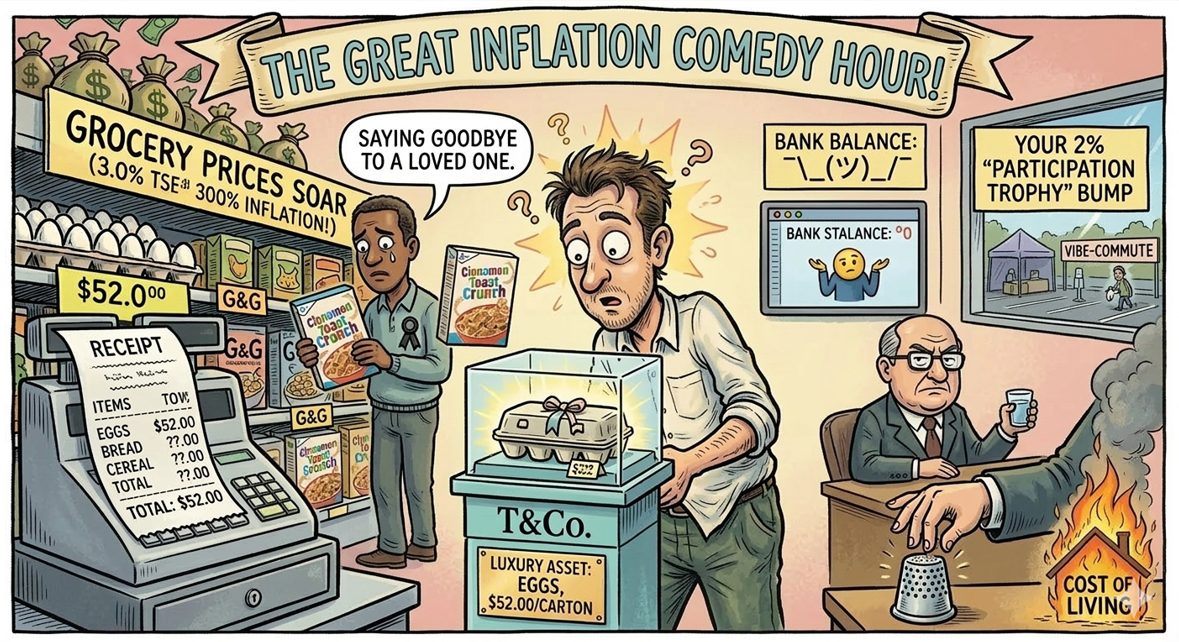 Why is everything so expensive in 2026? Cartoon rant: grocery store scene with $52 for three items, eggs as $522 luxury asset, Cinnamon Toast Crunch farewell, 2% participation trophy raise, shrug emoji bank account.